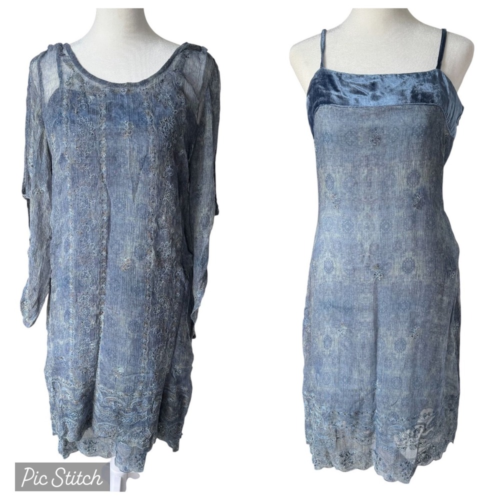 Sundance Boho Embroidered 2-Piece Blue Midi Dress Velvet Trim‎ 2 Ethereal Fairy